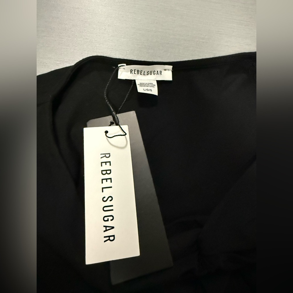 Rebel Sugar Black Long Sleeve Top Women Large NWT Stretch Knot Crop Top - Picture 2 of 5
